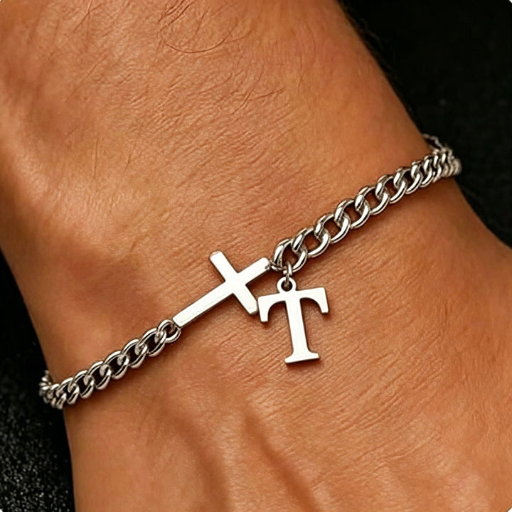 Christianartworkshop Bracelet à maillons gourmette avec croix et lettre : emblème personnalisé de la foi céleste inébranlable - T - image 21