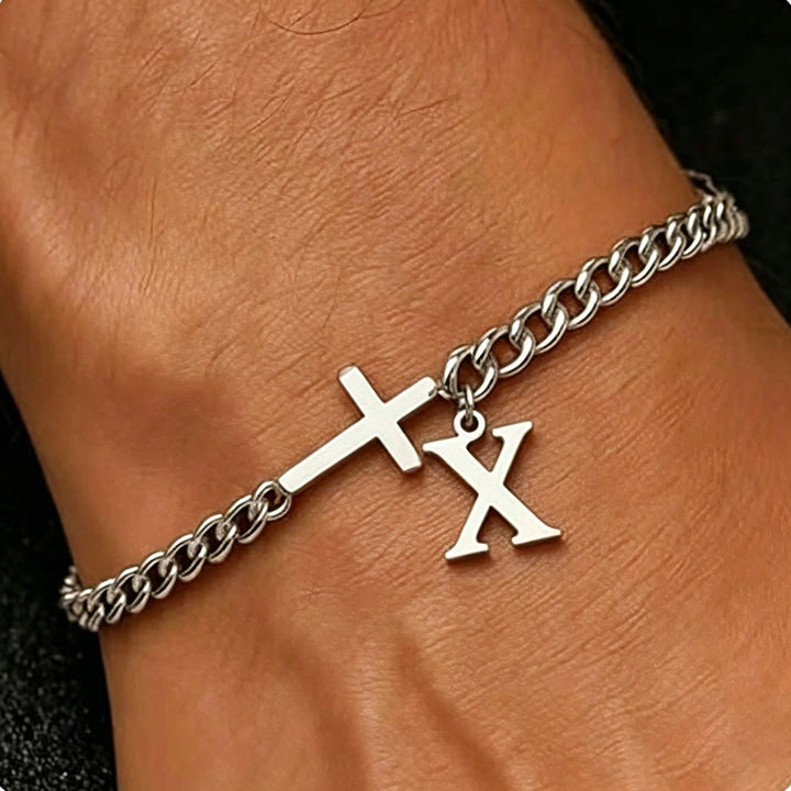 Christianartworkshop Bracelet à maillons gourmette avec croix et lettre : emblème personnalisé de la foi céleste inébranlable - X - image 25