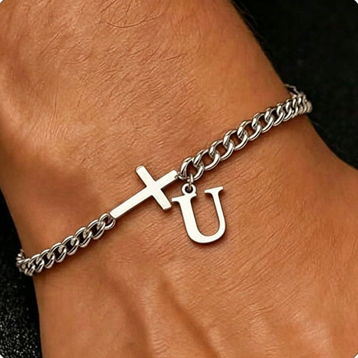 Christianartworkshop Bracelet à maillons gourmette avec croix et lettre : emblème personnalisé de la foi céleste inébranlable - U - image 22