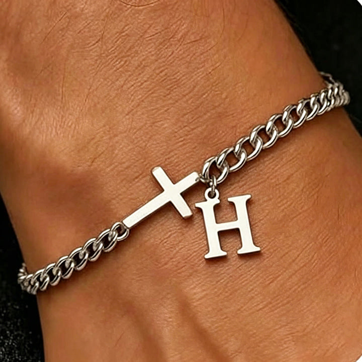 Christianartworkshop Bracelet à maillons gourmette avec croix et lettre : emblème personnalisé de la foi céleste inébranlable - H - image 9