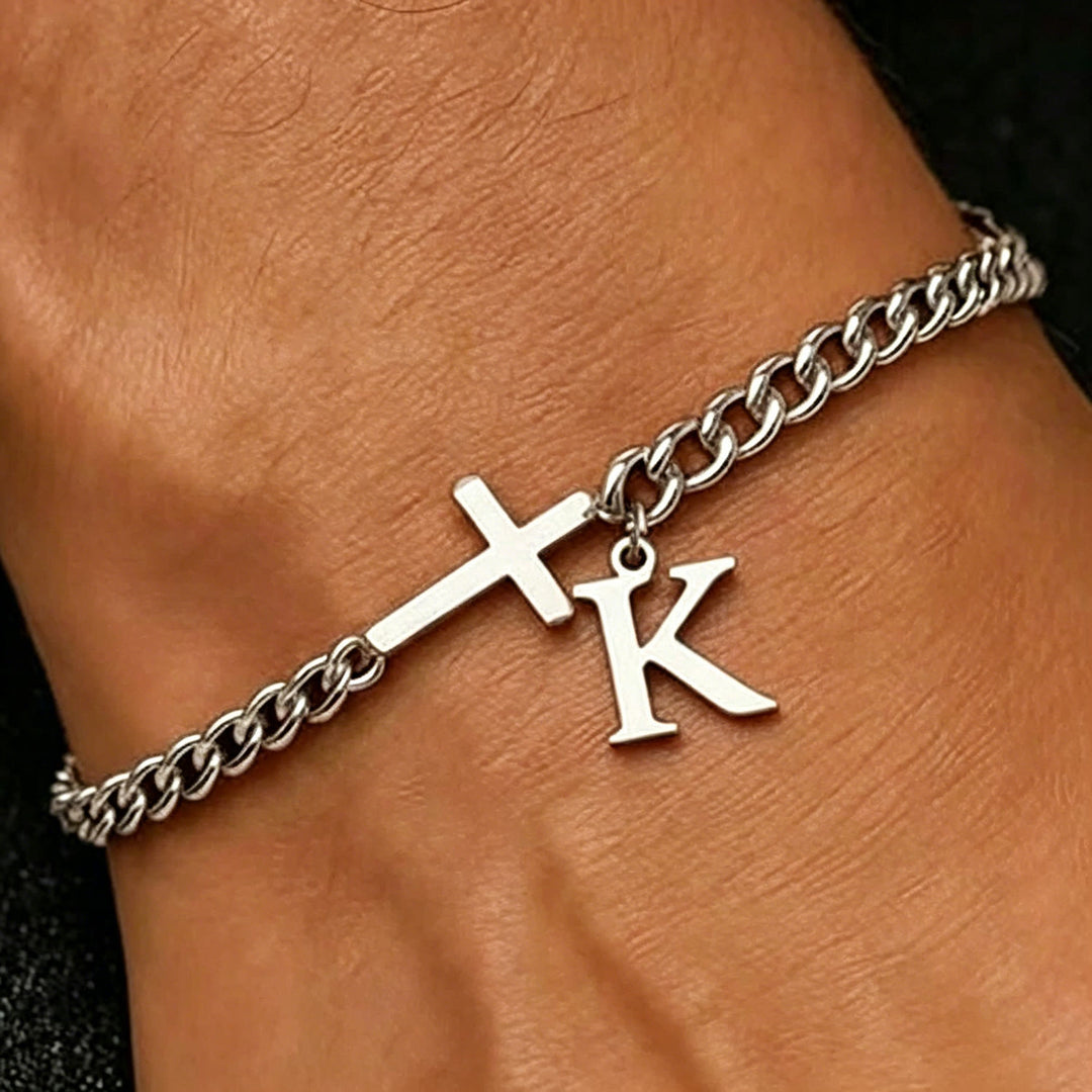 Christianartworkshop Bracelet à maillons gourmette avec croix et lettre : emblème personnalisé de la foi céleste inébranlable - K - image 12