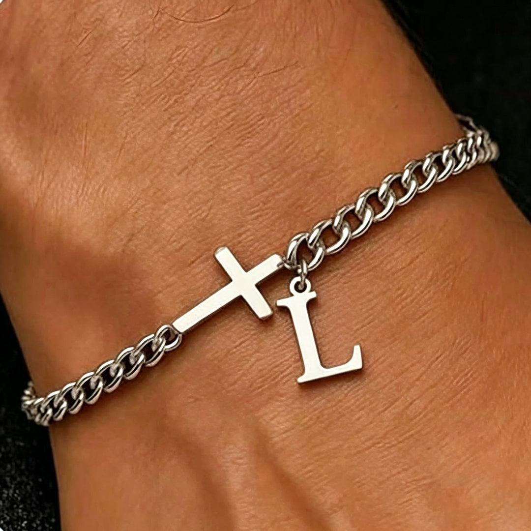Christianartworkshop Bracelet à maillons gourmette avec croix et lettre : emblème personnalisé de la foi céleste inébranlable - L - image 13
