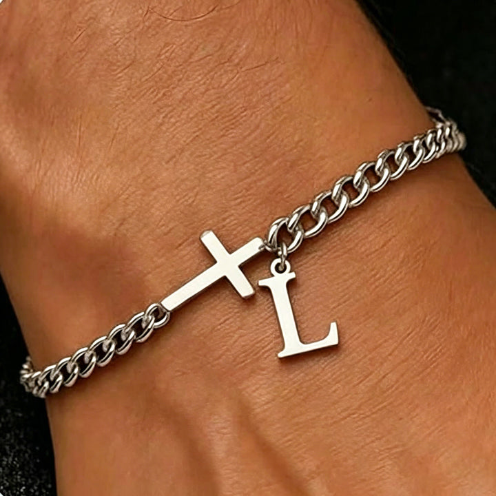 Christianartworkshop Bracelet à maillons gourmette avec croix et lettre : emblème personnalisé de la foi céleste inébranlable - L - image 13