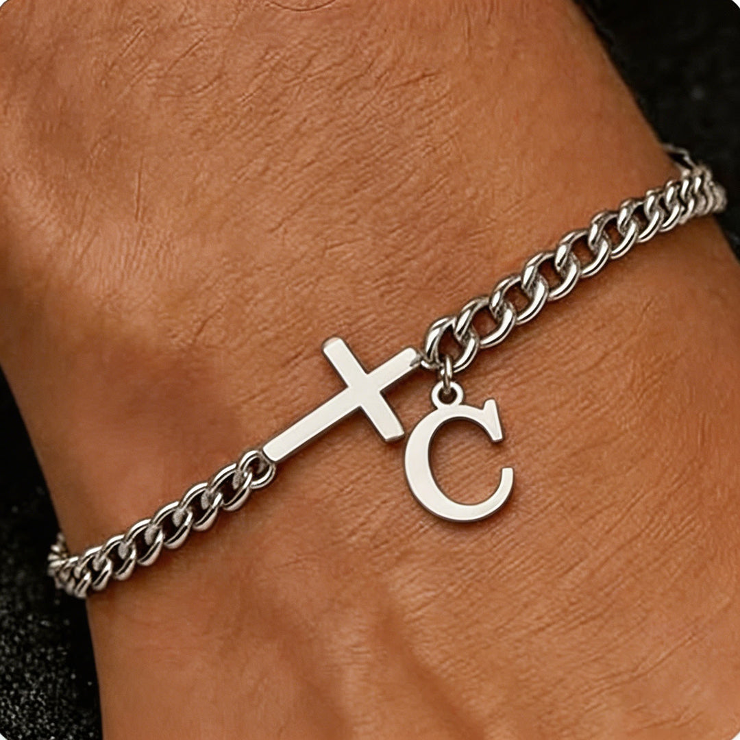 Christianartworkshop Bracelet à maillons gourmette avec croix et lettre : emblème personnalisé de la foi céleste inébranlable - C - image 4