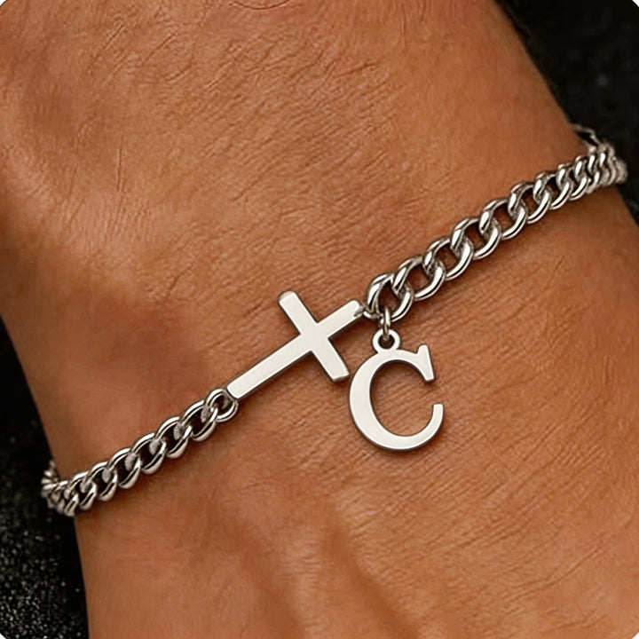 Christianartworkshop Bracelet à maillons gourmette avec croix et lettre : emblème personnalisé de la foi céleste inébranlable - C - image 4