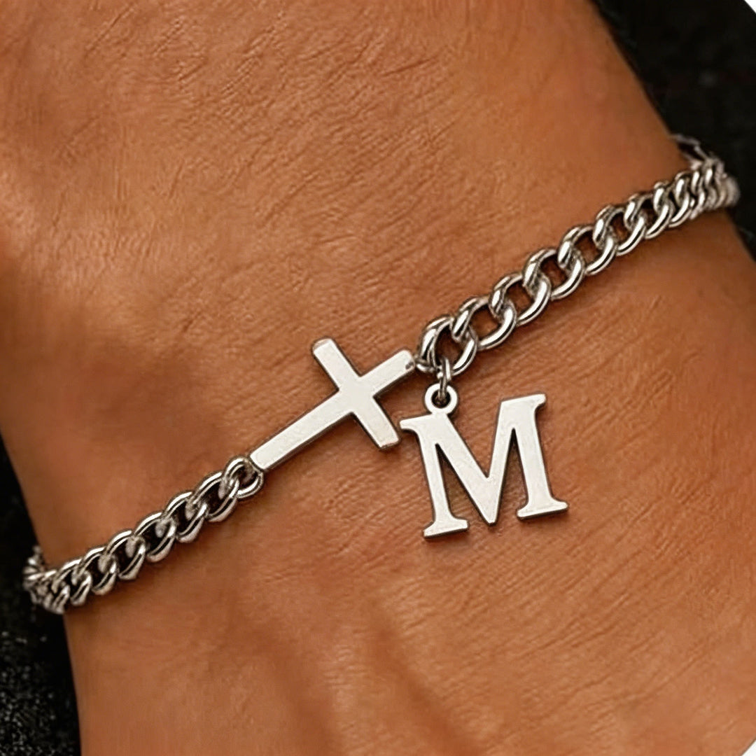 Christianartworkshop Bracelet à maillons gourmette avec croix et lettre : emblème personnalisé de la foi céleste inébranlable - M - image 14