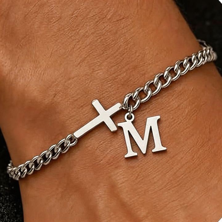 Christianartworkshop Bracelet à maillons gourmette avec croix et lettre : emblème personnalisé de la foi céleste inébranlable - M - image 14