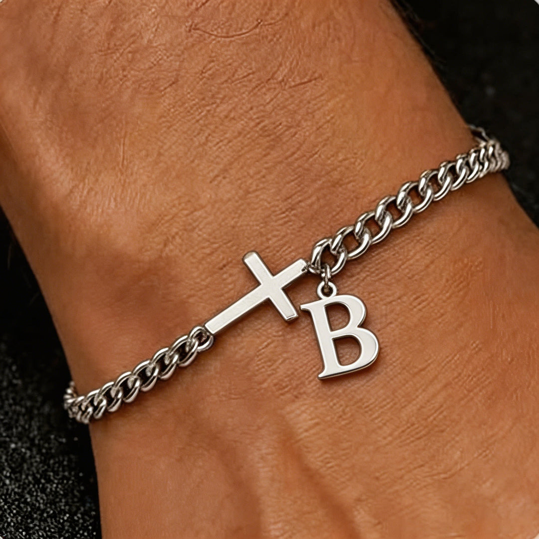 Christianartworkshop Bracelet à maillons gourmette avec croix et lettre : emblème personnalisé de la foi céleste inébranlable - B - image 3