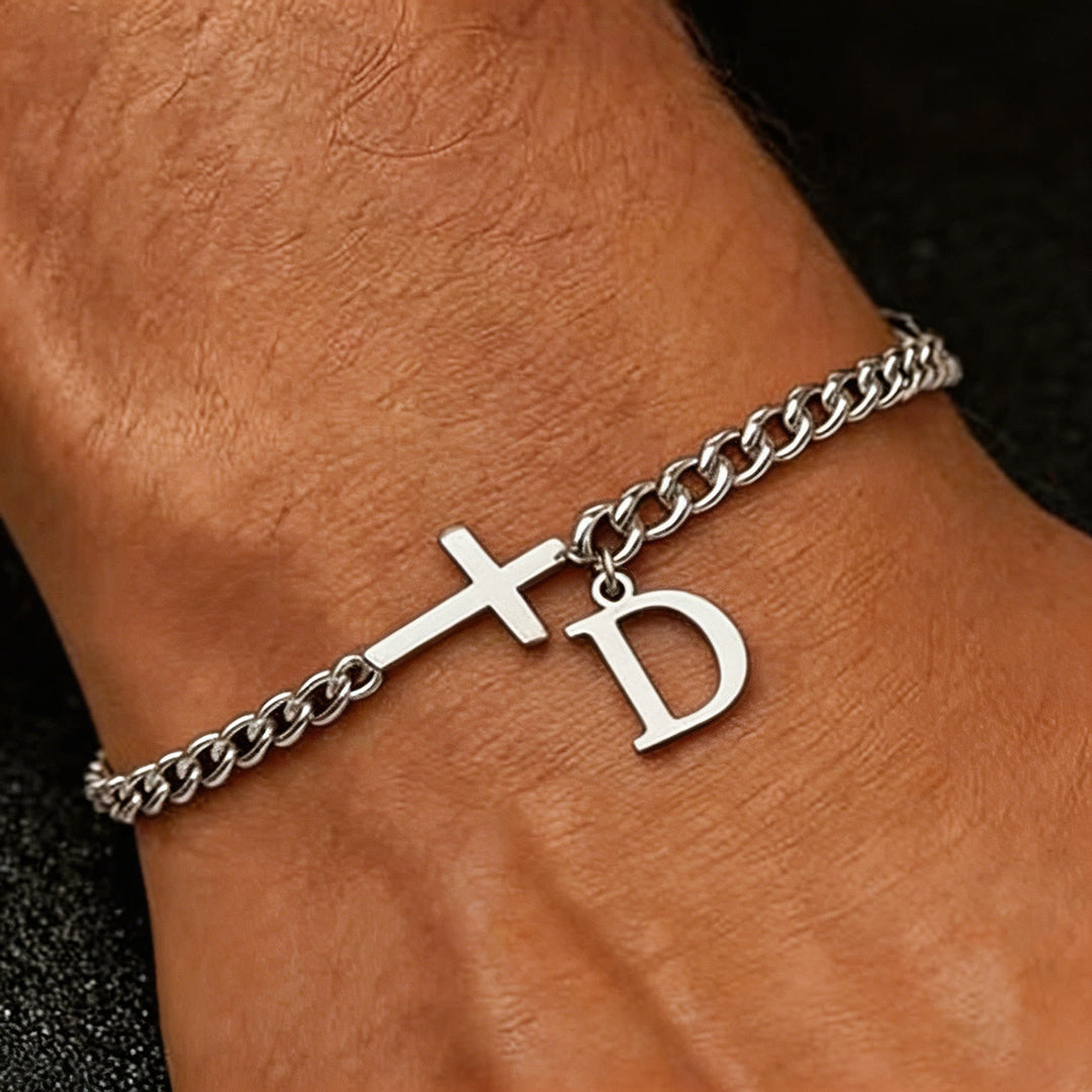 Christianartworkshop Bracelet à maillons gourmette avec croix et lettre : emblème personnalisé de la foi céleste inébranlable - D - image 5