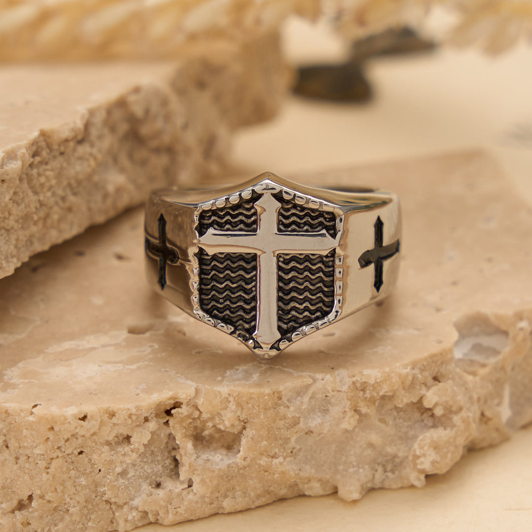 Christianartworkshop Bague chevalière ornée d'une croix en relief : emblème intemporel d'une foi sacrée inébranlable - Acier - US 13 - image 3