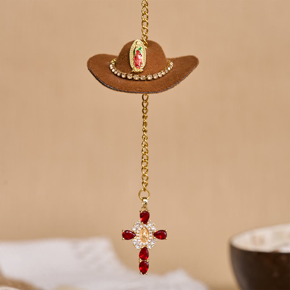 Christianartworkshop Mini chapeau de cowboy Croix en cristal Notre-Dame Ornement de voiture à suspendre : Un rappel de la protection divine miséricordieuse lors de chaque voyage - Brun - image 0