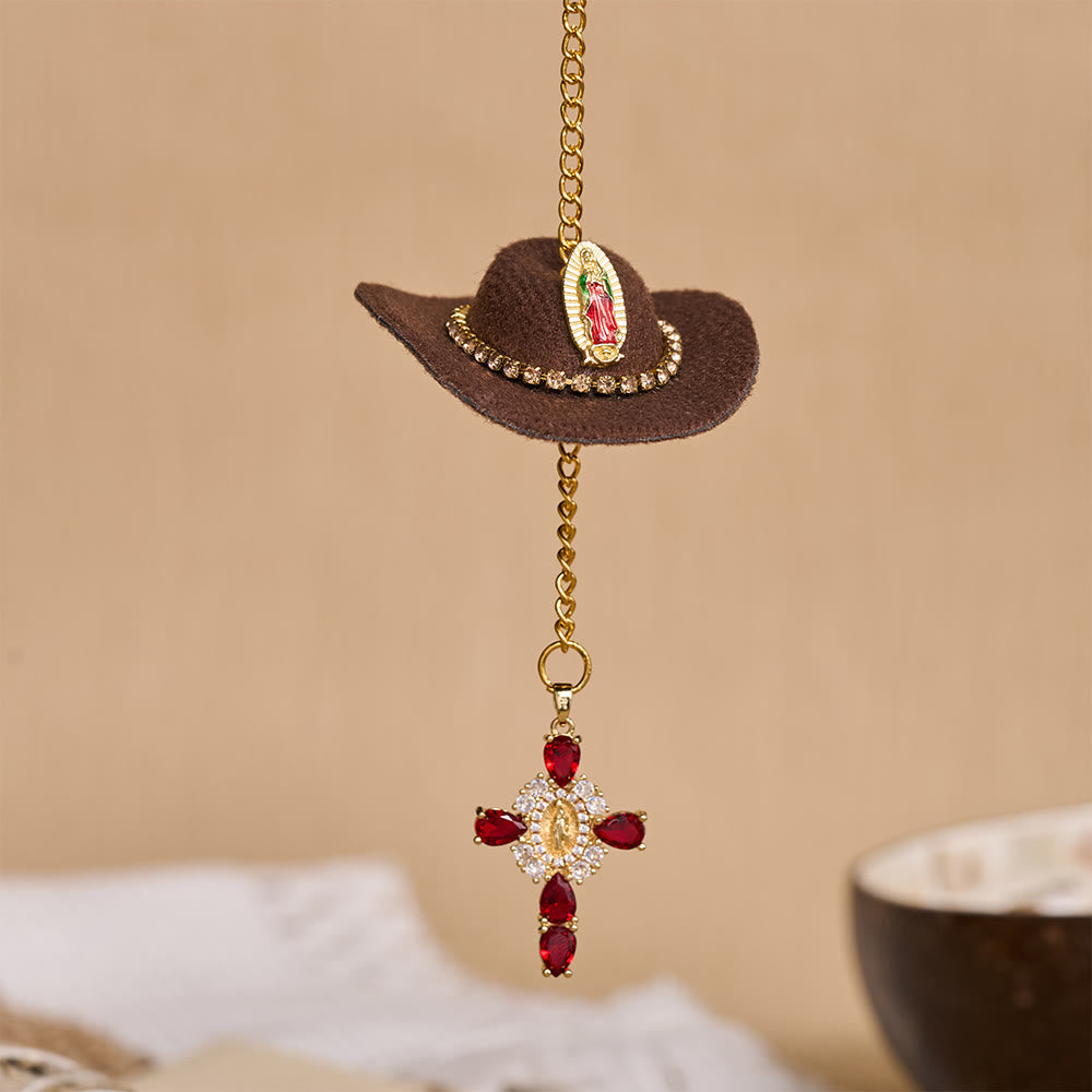 Christianartworkshop Mini chapeau de cowboy Croix en cristal Notre-Dame Ornement de voiture à suspendre : Un rappel de la protection divine miséricordieuse lors de chaque voyage - Café - image 5
