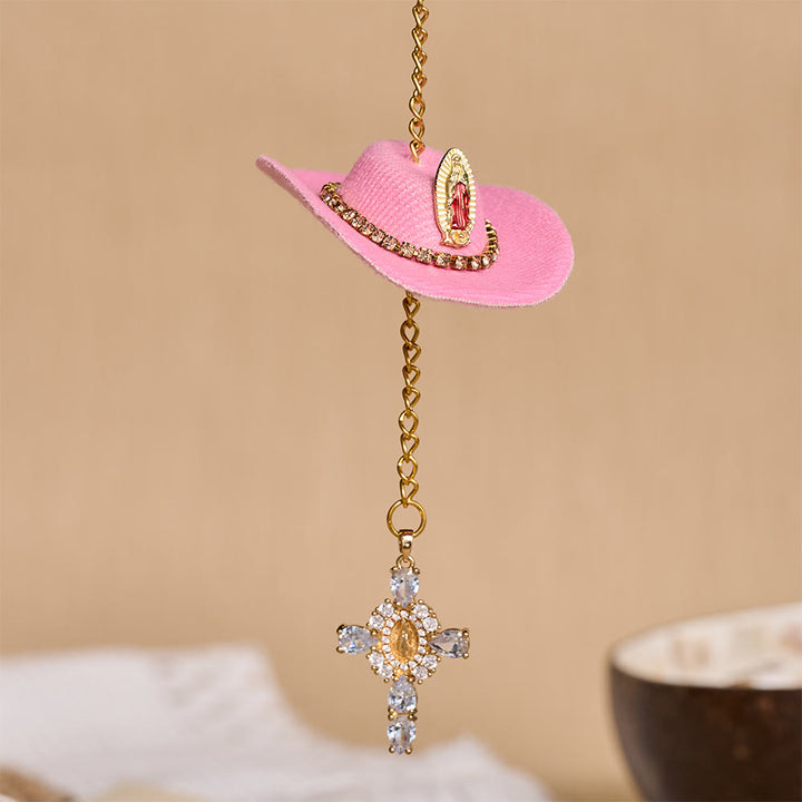 Christianartworkshop Mini chapeau de cowboy Croix en cristal Notre-Dame Ornement de voiture à suspendre : Un rappel de la protection divine miséricordieuse lors de chaque voyage - Rose - image 8