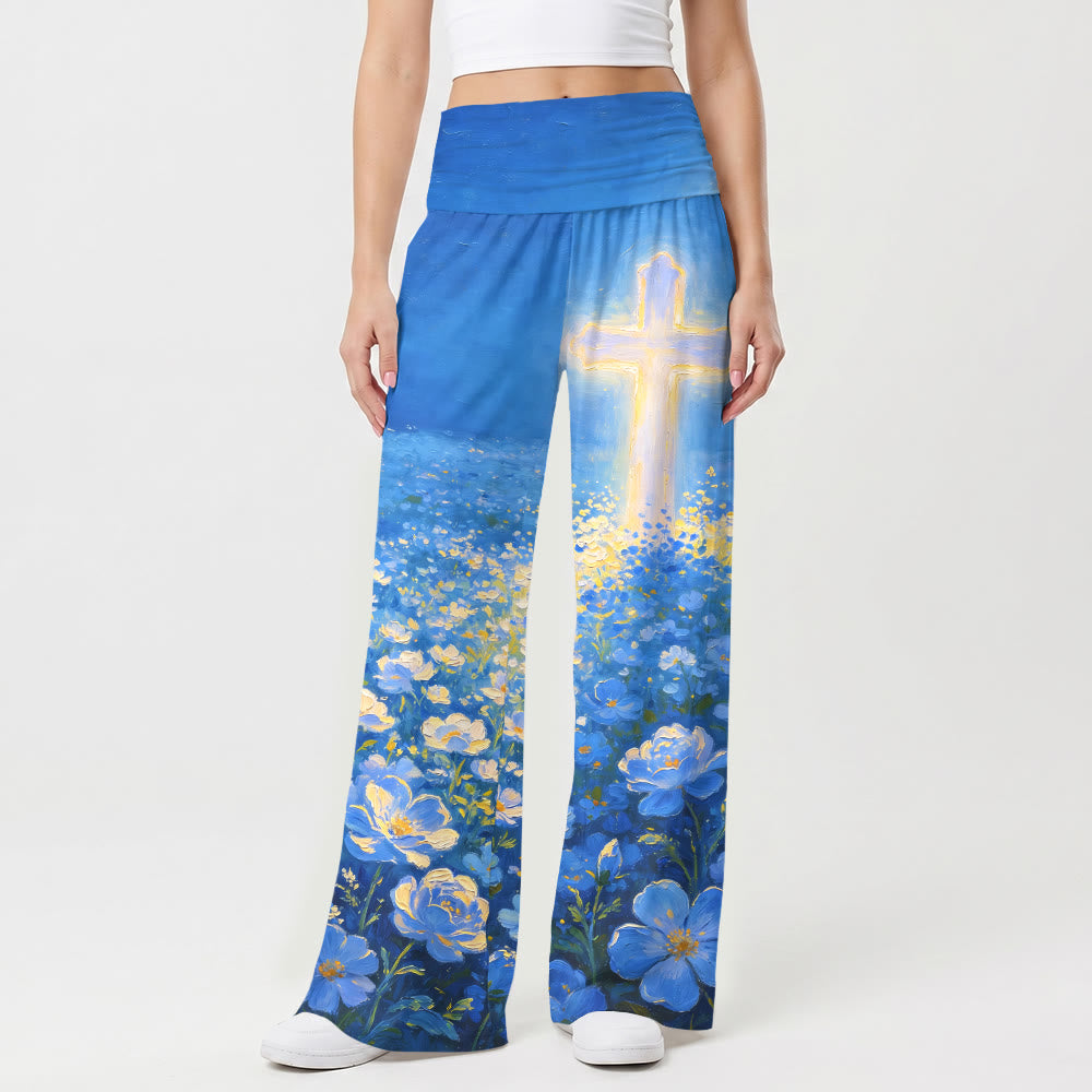 Christianartworkshop Pantalon large stretch taille haute pour femme, imprimé floral « Croix lumineuse », style Faith. - image 1
