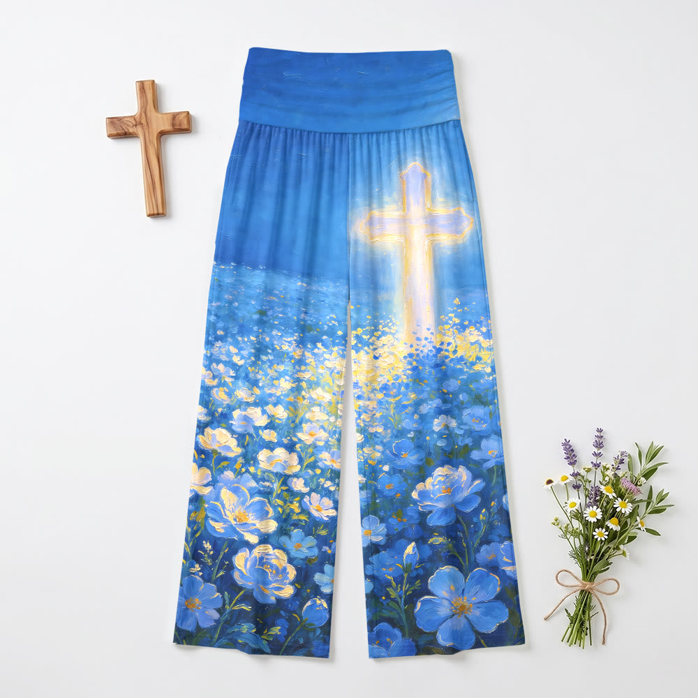 Christianartworkshop Pantalon large stretch taille haute pour femme, imprimé floral « Croix lumineuse », style Faith. - US22, UK/AU26, EU54 - image 0