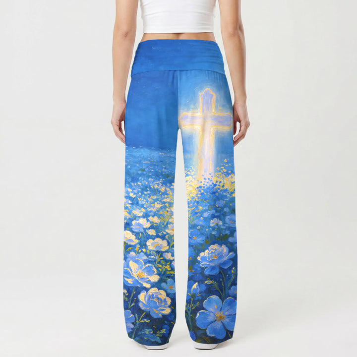 Christianartworkshop Pantalon large stretch taille haute pour femme, imprimé floral « Croix lumineuse », style Faith. - image 2