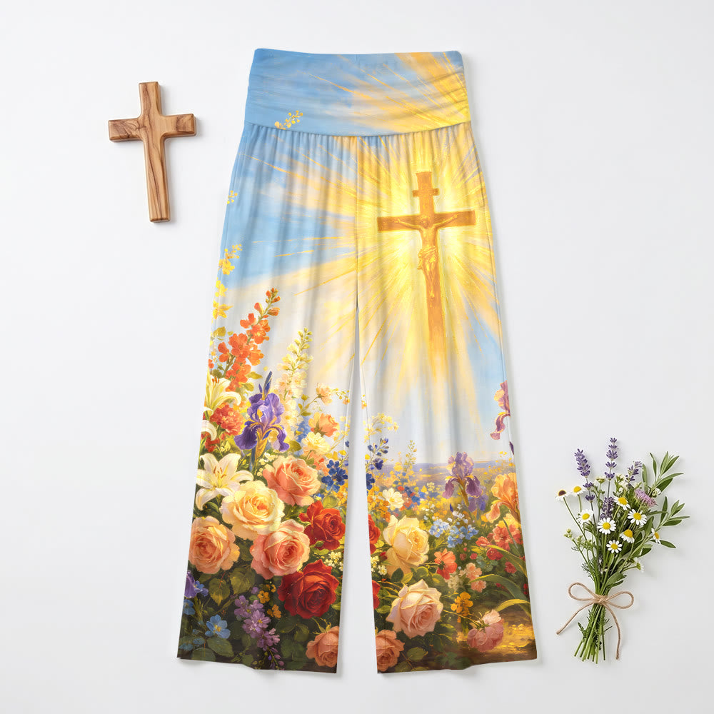 Christianartworkshop Pantalon large taille haute stretch pour femme, imprimé vintage peinture à l'huile avec crucifix rayonnant et fleurs variées - US22, UK/AU26, EU54 - image 0
