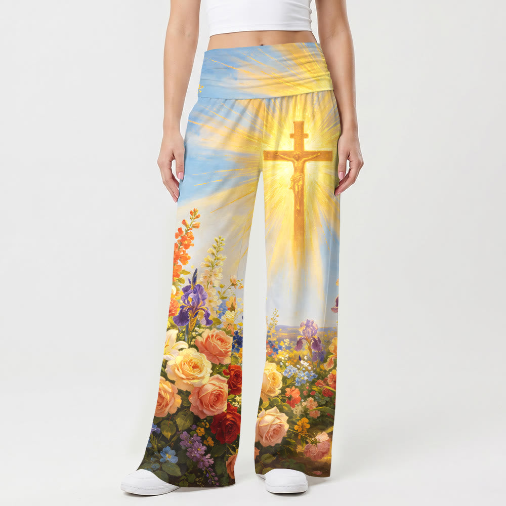 Christianartworkshop Pantalon large taille haute stretch pour femme, imprimé vintage peinture à l'huile avec crucifix rayonnant et fleurs variées - image 1