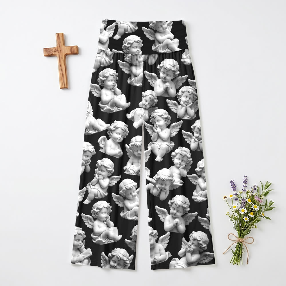 Christianartworkshop Pantalon Faith pour femme, imprimé intégral à motif chérubin vintage, taille haute, ultra extensible, jambes larges. - US22, UK/AU26, EU54 - image 0