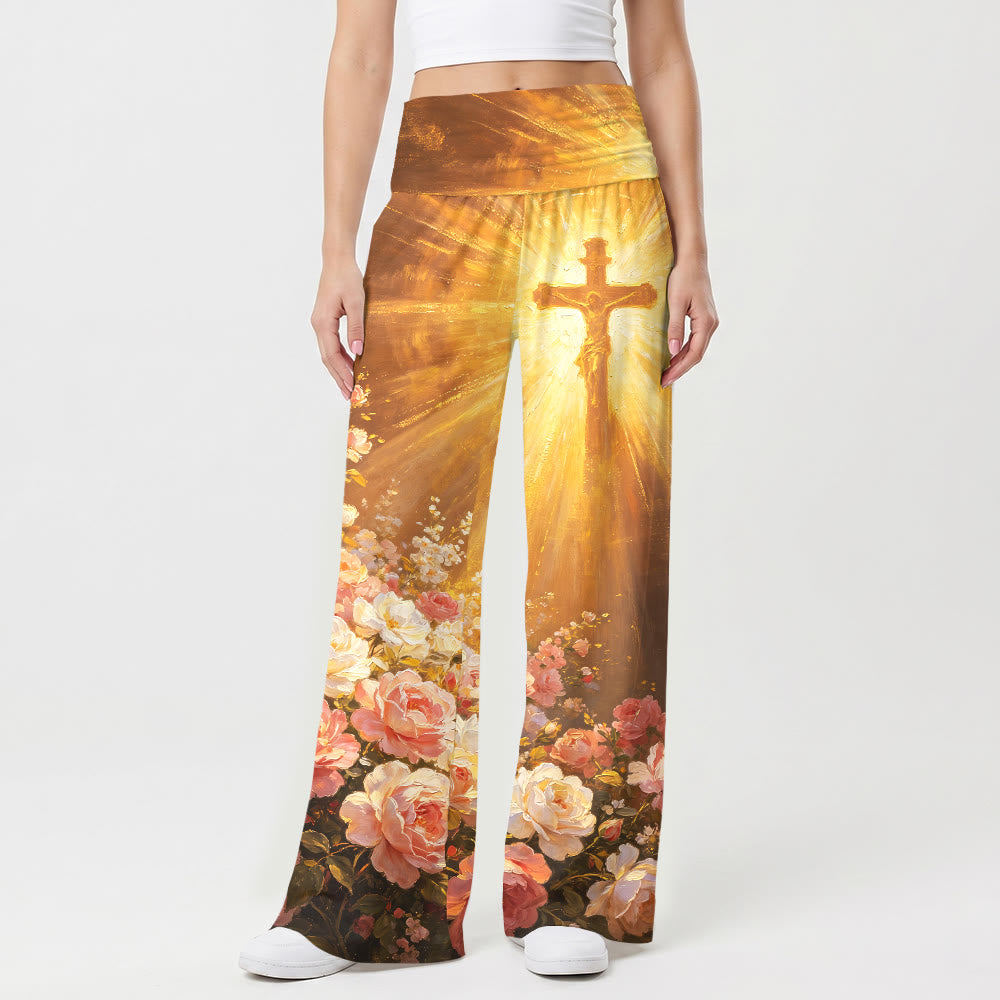 Christianartworkshop Pantalon large taille haute stretch pour femme, imprimé peinture à l'huile vintage avec crucifix éclatant et rose blush - image 1