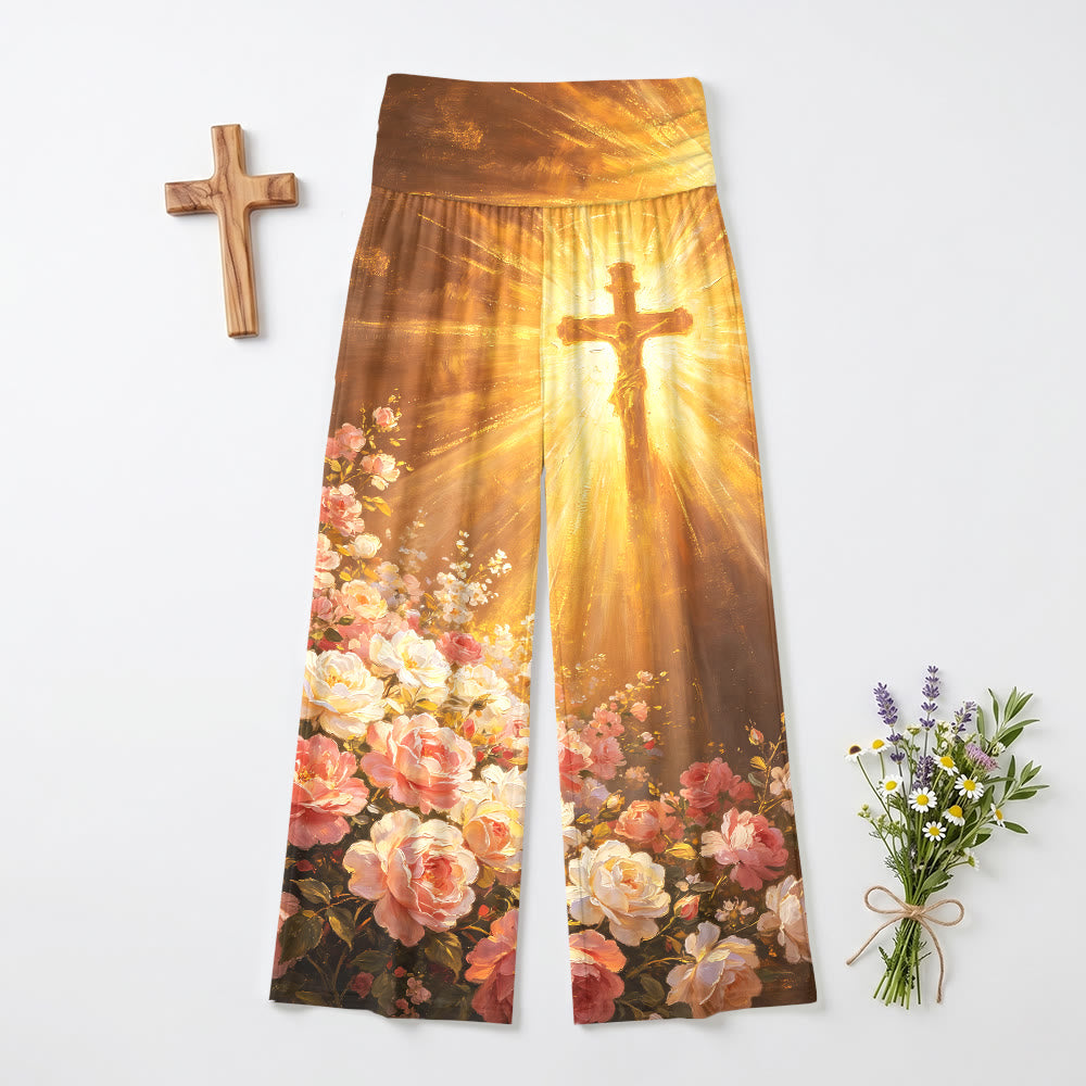 Christianartworkshop Pantalon large taille haute stretch pour femme, imprimé peinture à l'huile vintage avec crucifix éclatant et rose blush - US22, UK/AU26, EU54 - image 0