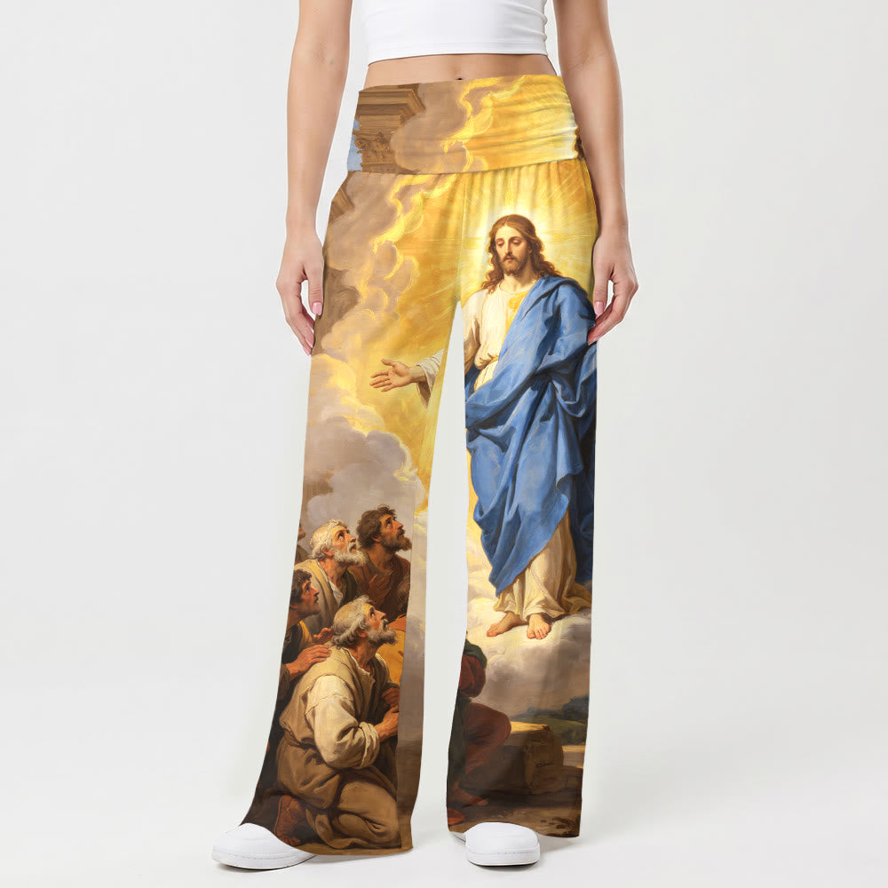 Christianartworkshop Pantalon large taille haute stretch pour femme, imprimé d'une peinture à l'huile classique vintage représentant le regard des disciples de Jésus montant au ciel - image 1