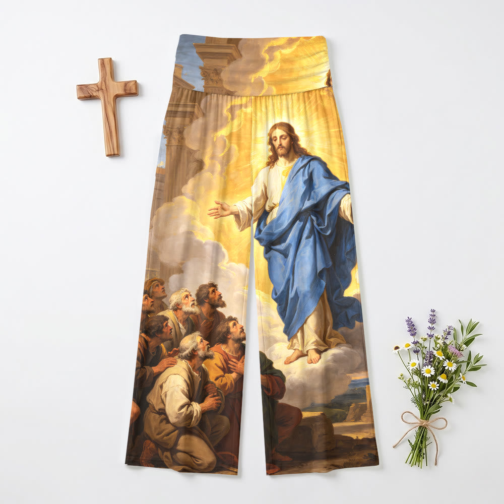 Christianartworkshop Pantalon large taille haute stretch pour femme, imprimé d'une peinture à l'huile classique vintage représentant le regard des disciples de Jésus montant au ciel - US22, UK/AU26, EU54 - image 0