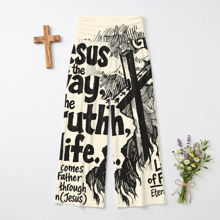 Christianartworkshop Jésus, le Chemin, la Vérité, la Vie, gravure sur bois, croix, Écriture en gras, impression intégrale, pantalon large stretch taille haute pour femme - US22, UK/AU26, EU54 - image 0