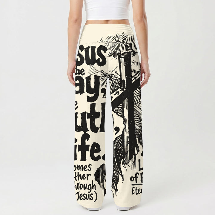 Christianartworkshop Jésus, le Chemin, la Vérité, la Vie, gravure sur bois, croix, Écriture en gras, impression intégrale, pantalon large stretch taille haute pour femme - image 2