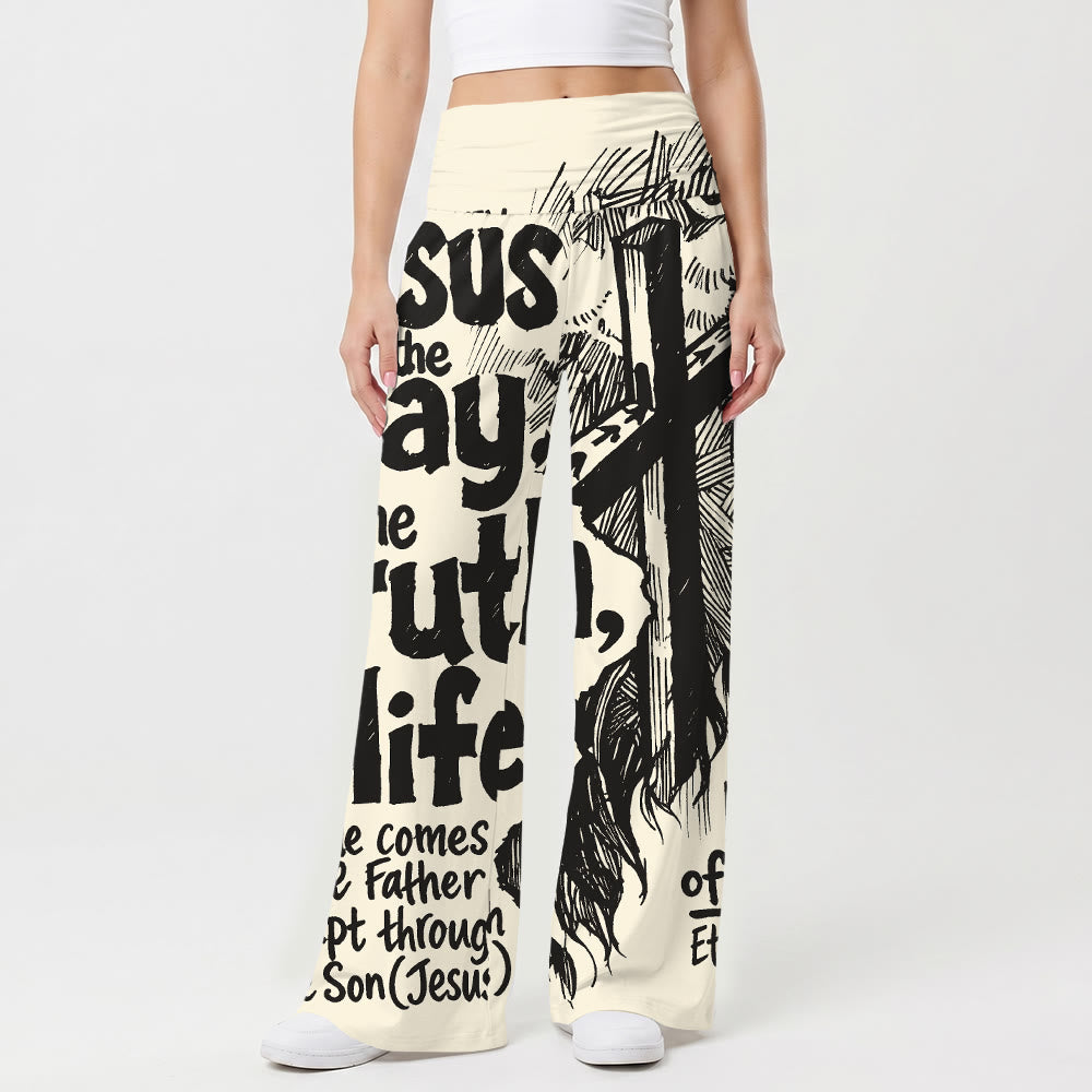 Christianartworkshop Jésus, le Chemin, la Vérité, la Vie, gravure sur bois, croix, Écriture en gras, impression intégrale, pantalon large stretch taille haute pour femme - image 1