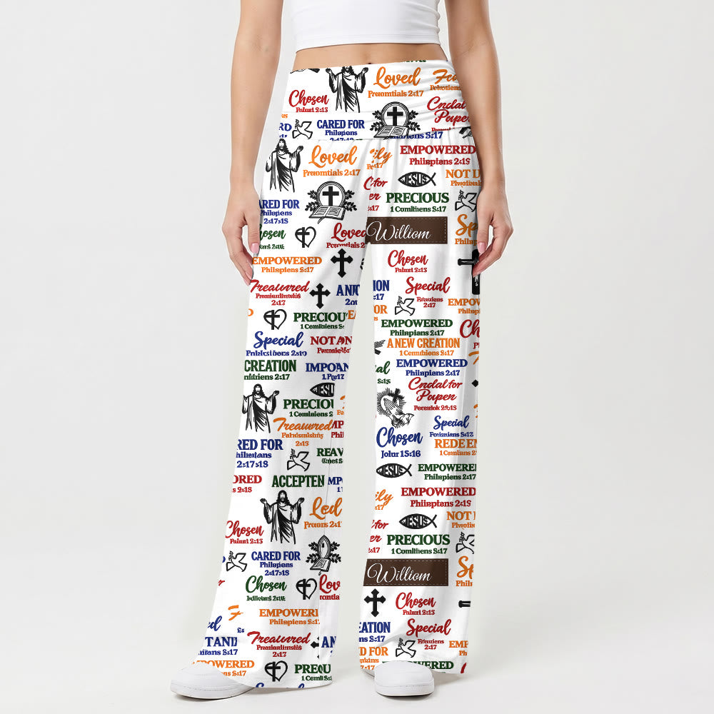 Christianartworkshop Pantalon large pour femme, taille haute élastique repliable, orné de textes et d'icônes bibliques variés, style décontracté et religieux. - image 1
