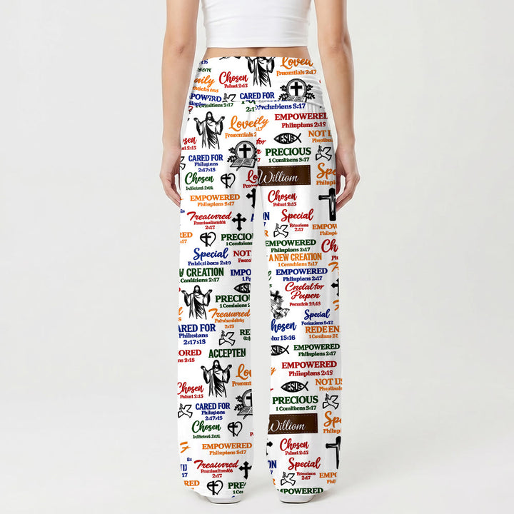 Christianartworkshop Pantalon large pour femme, taille haute élastique repliable, orné de textes et d'icônes bibliques variés, style décontracté et religieux. - image 2