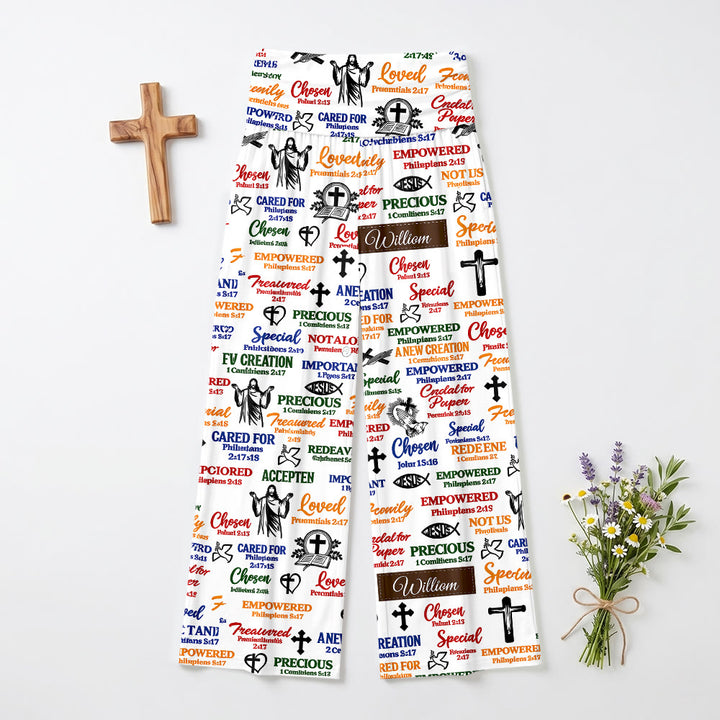 Christianartworkshop Pantalon large pour femme, taille haute élastique repliable, orné de textes et d'icônes bibliques variés, style décontracté et religieux. - US22, UK/AU26, EU54 - image 0