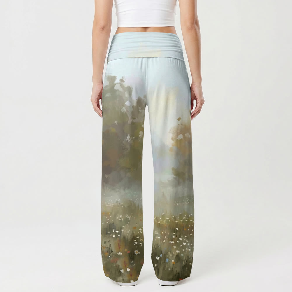 Christianartworkshop Pantalon ample et doux à jambes larges pour femme, imprimé artistique délicat représentant un champ de fleurs sauvages champêtres avec Jésus cueillant des fleurs. - image 2