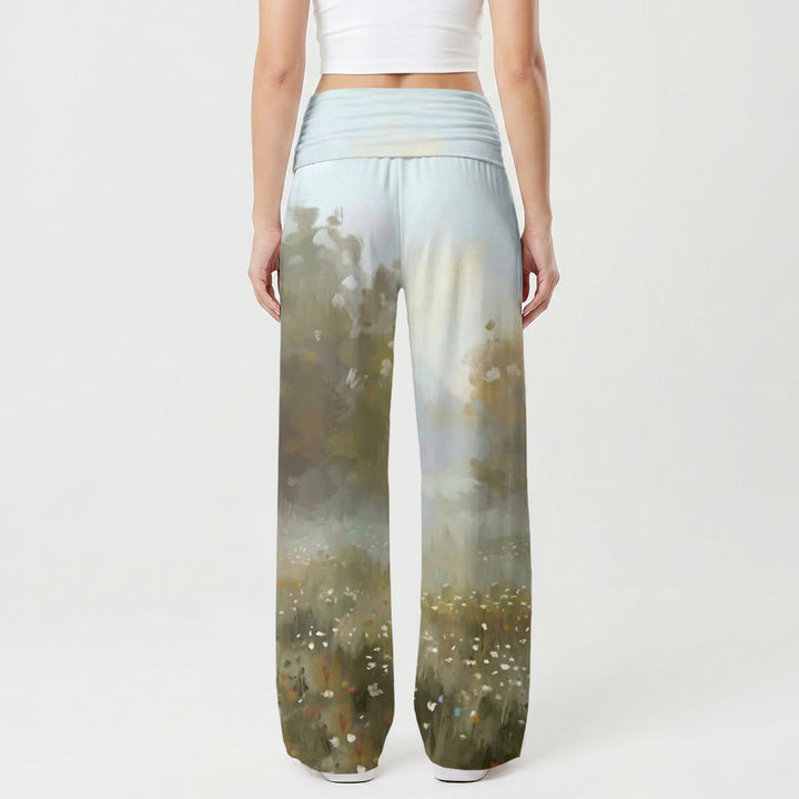Christianartworkshop Pantalon ample et doux à jambes larges pour femme, imprimé artistique délicat représentant un champ de fleurs sauvages champêtres avec Jésus cueillant des fleurs. - image 2