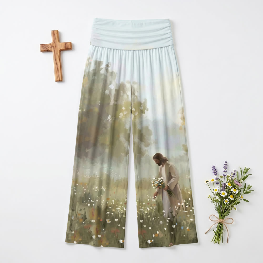 Christianartworkshop Pantalon ample et doux à jambes larges pour femme, imprimé artistique délicat représentant un champ de fleurs sauvages champêtres avec Jésus cueillant des fleurs. - US22, UK/AU26, EU54 - image 0