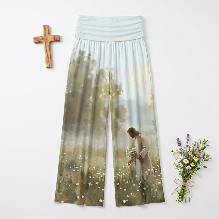 Christianartworkshop Pantalon ample et doux à jambes larges pour femme, imprimé artistique délicat représentant un champ de fleurs sauvages champêtres avec Jésus cueillant des fleurs. - US22, UK/AU26, EU54 - image 0