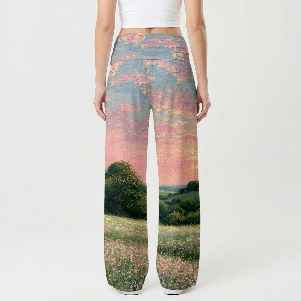 Christianartworkshop Jésus marchant avec l'Enfant au coucher du soleil pastel, imprimé peinture à l'huile de fleurs sauvages, pantalon large extensible taille haute pour femme - image 2