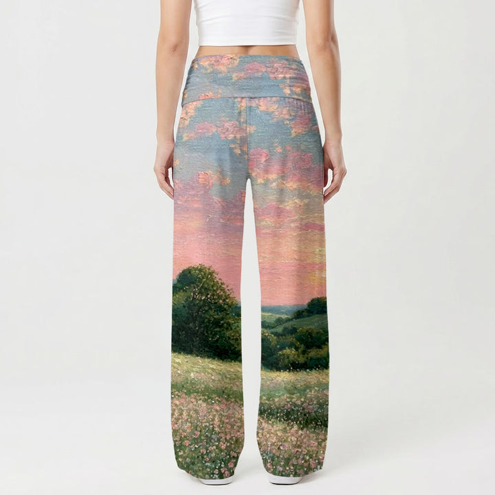 Christianartworkshop Jésus marchant avec l'Enfant au coucher du soleil pastel, imprimé peinture à l'huile de fleurs sauvages, pantalon large extensible taille haute pour femme - image 2