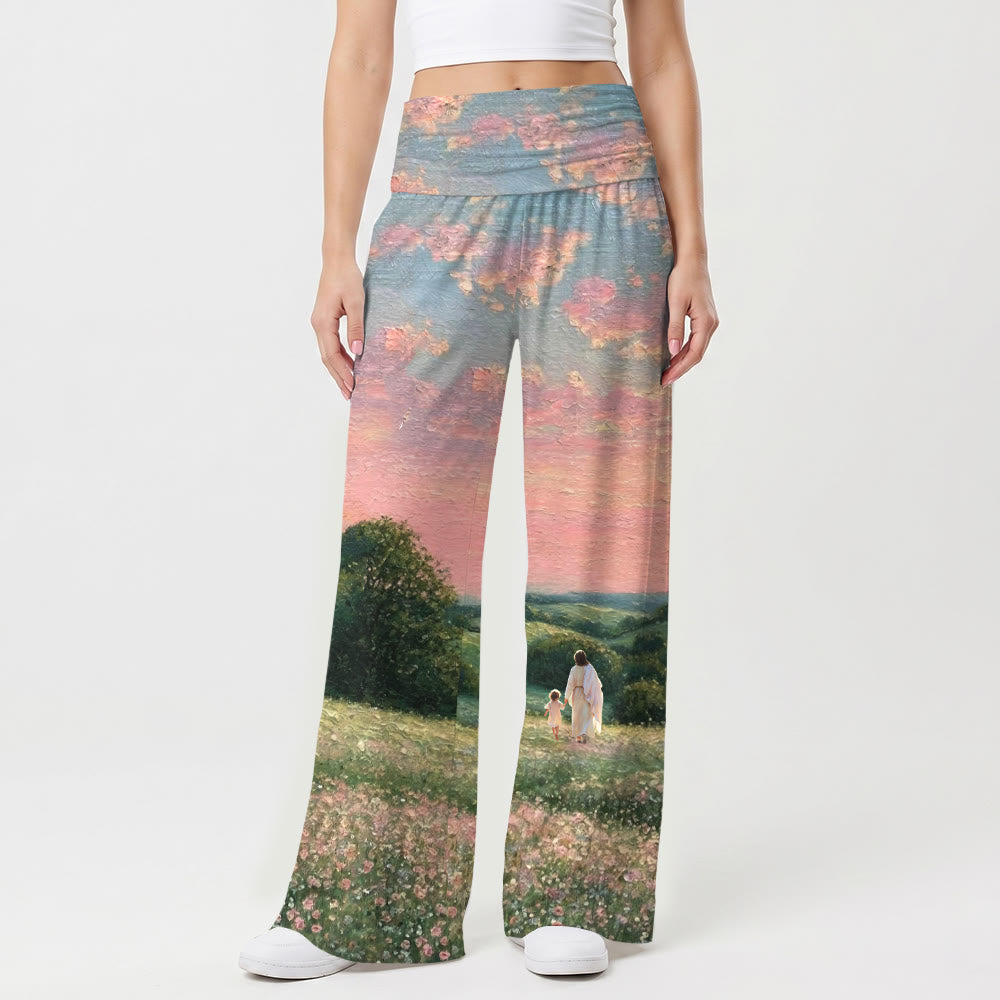 Christianartworkshop Jésus marchant avec l'Enfant au coucher du soleil pastel, imprimé peinture à l'huile de fleurs sauvages, pantalon large extensible taille haute pour femme - image 1