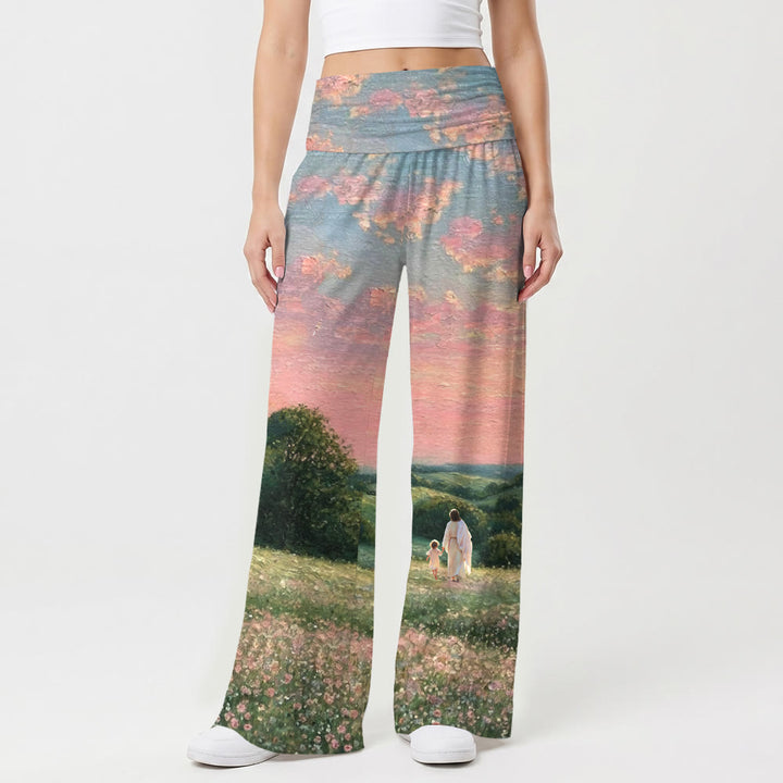 Christianartworkshop Jésus marchant avec l'Enfant au coucher du soleil pastel, imprimé peinture à l'huile de fleurs sauvages, pantalon large extensible taille haute pour femme - image 1