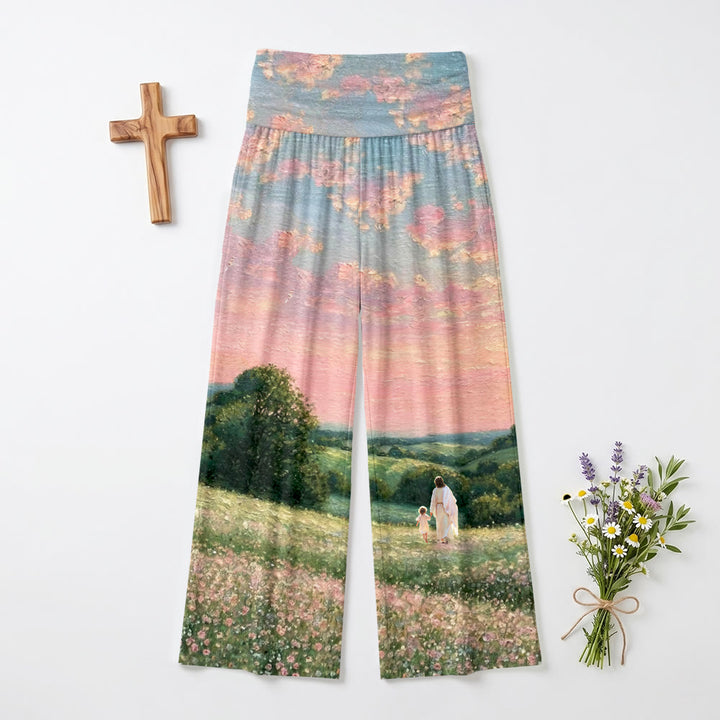 Christianartworkshop Jésus marchant avec l'Enfant au coucher du soleil pastel, imprimé peinture à l'huile de fleurs sauvages, pantalon large extensible taille haute pour femme - US22, UK/AU26, EU54 - image 0