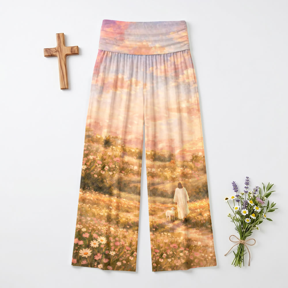 Christianartworkshop Pantalon large stretch taille haute pour femme, imprimé à l'huile, motif Jésus et agneau, coucher de soleil pastel sur des collines fleuries - US22, UK/AU26, EU54 - image 0