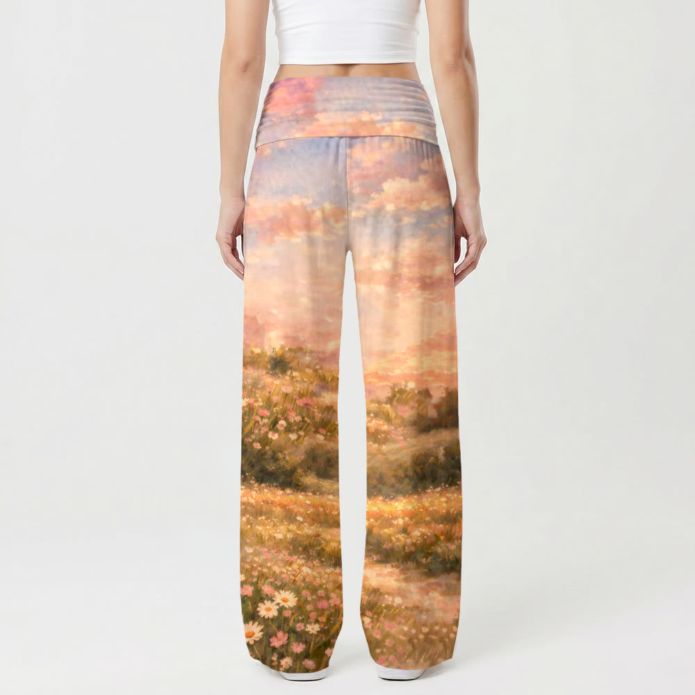 Christianartworkshop Pantalon large stretch taille haute pour femme, imprimé à l'huile, motif Jésus et agneau, coucher de soleil pastel sur des collines fleuries - image 2
