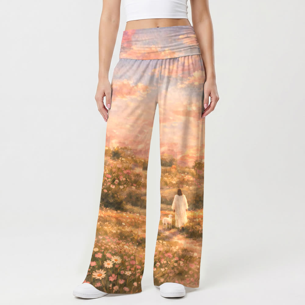 Christianartworkshop Pantalon large stretch taille haute pour femme, imprimé à l'huile, motif Jésus et agneau, coucher de soleil pastel sur des collines fleuries - image 1