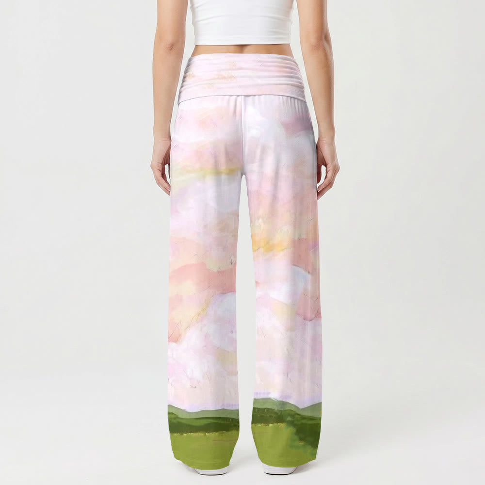 Christianartworkshop - Impression peinture à l'huile « Jésus, étreinte chaleureuse, ciel et collines vert pastel » - Pantalon large stretch taille haute pour femme - image 2