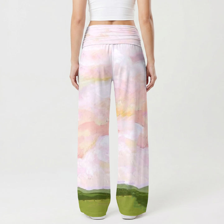 Christianartworkshop - Impression peinture à l'huile « Jésus, étreinte chaleureuse, ciel et collines vert pastel » - Pantalon large stretch taille haute pour femme - image 2