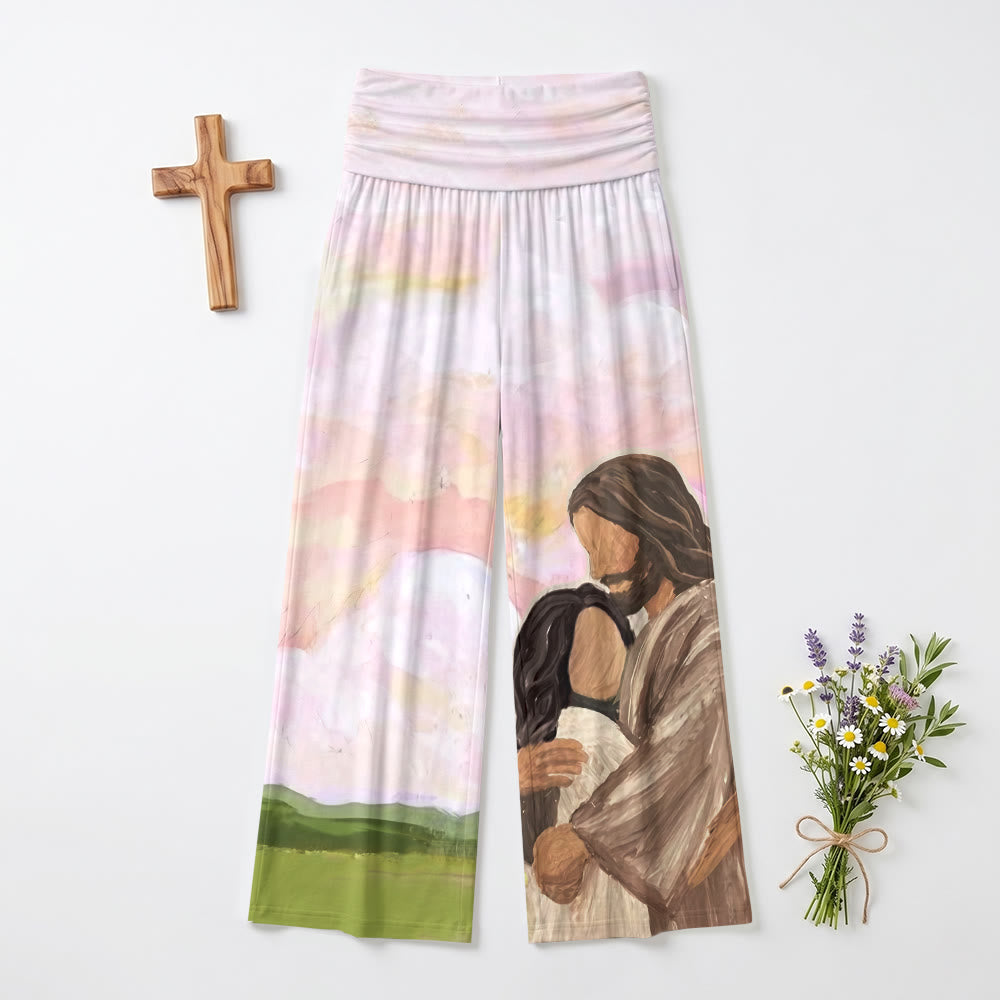 Christianartworkshop - Impression peinture à l'huile « Jésus, étreinte chaleureuse, ciel et collines vert pastel » - Pantalon large stretch taille haute pour femme - US22, UK/AU26, EU54 (6XL) - image 0