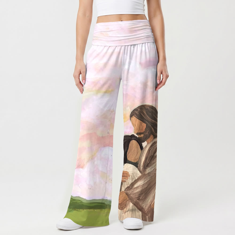 Christianartworkshop - Impression peinture à l'huile « Jésus, étreinte chaleureuse, ciel et collines vert pastel » - Pantalon large stretch taille haute pour femme - image 1