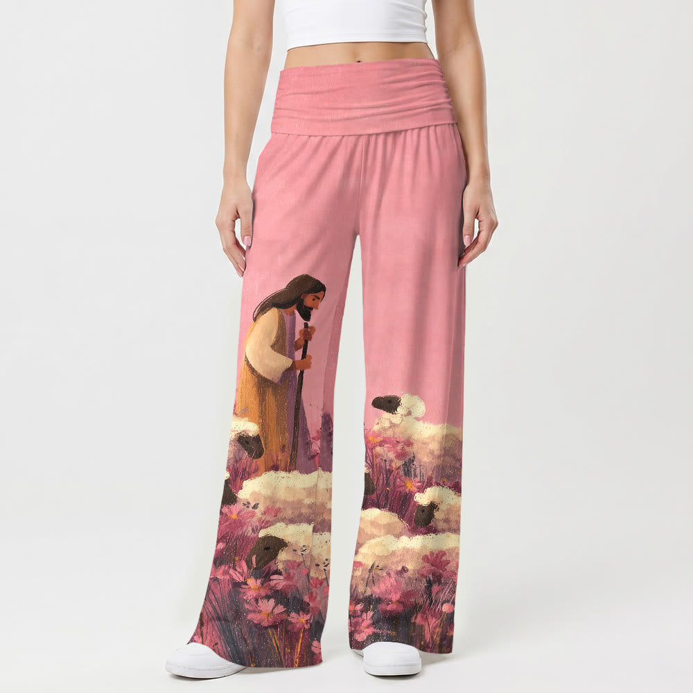 Pantalon large pour femme Christianartworkshop, taille haute élastique repliable, motif pastoral, berger, Jésus, champ floral, dessin animé, style décontracté et religieux - image 1